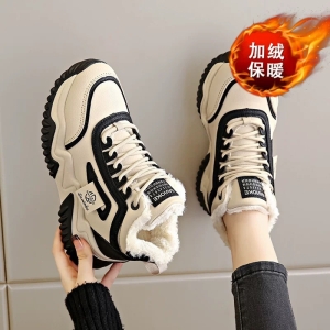 Women's Korean style high-top fleece-lined shoes, versatile, thickened, warm cotton shoes, platform shoes, height-increasing, sporty casual dad shoes